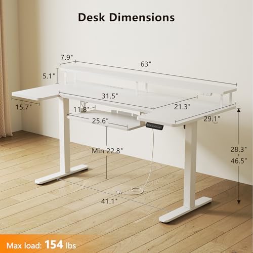 OffiGo 63 Inch U Shaped Electric Standing Desk with Keyboard Tray, White - Image 3