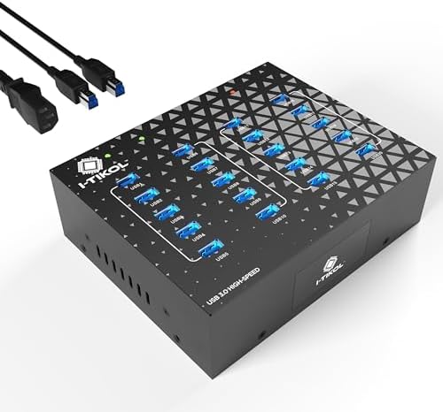 20 - Port USB 3.0 Splitter Hub with Power Supply - High Speed Data Transfer for Desktop, Laptop, HDD, PC - Expand and Speed Up to 5 Gbps 110W - Industrial Grade Hub Compatible with External Drives by iTikol