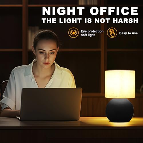Modern Small Table Lamp Set of 2, Minimalist Metal Nightstand Bedside Lamps with One-Button Inline Switch, 6.2×6.2×10.4 Inch Desk Light for Bedroom, Living Room, Including Light Bulb (Black) - Image 2