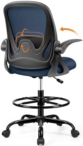 Drafting Chair Tall Office Chair with Flip-up Armrests, Adjustable Height, Enhanced Lumbar Support Ergonomic Rolling Stool, Back Support, Adjustable Foot Rest Ring for Standing Desk Navy by Primy