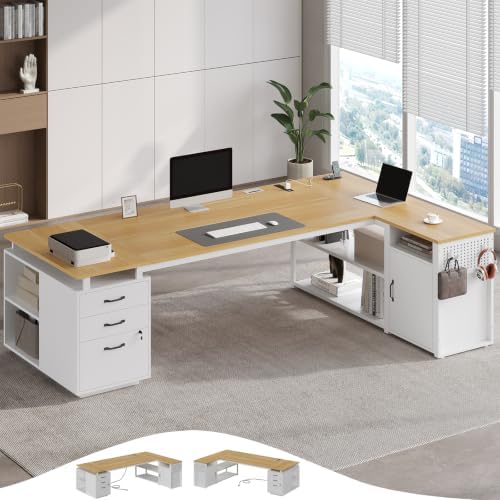 78" Executive Desk with Lockable File Cabinet, L Shaped Office Desk with Power Outlets, Large Executive Desk with Drawers and Storage Shelves , Reversible Computer Desk with Privacy Screen (White) by Unknown