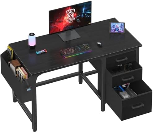 Lufeiya Computer Desk with File Drawers Cabinet, 47 Inch Reversible Home Office Desks with Filing Cabinet for Small Space, Gaming Study Writing Table PC Desks, Black by LUFEIYA