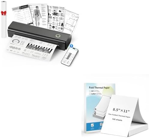 Portable Printer & 100 Sheets 8.5"x11" Fanfold Thermal Paper US Letter Size for Home, car, Office, School, etc by NDYIN