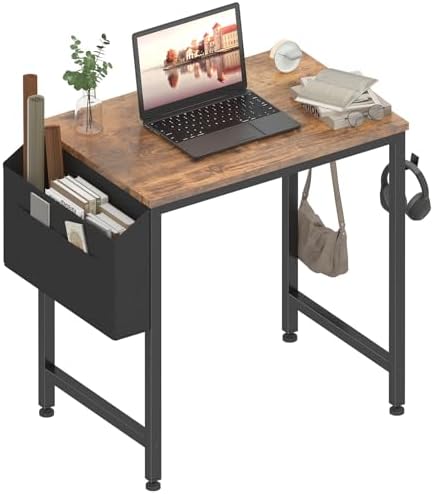 Lufeiya Small Desk for Small Spaces, 24 Inch Kids Girls Study Writing Mini Desks for Bedroom, Simple Modern Laptop PC Little Side Table with Storage Bag Headphone Hooks, Rustic Brown by LUFEIYA