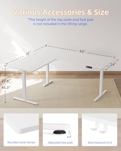 YIHAYO L Shaped Standing Desk Adjustable Height, 63 x 55 Inches Electric Corner Standing Desk, White - Image 6