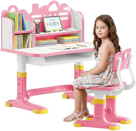 Kids Desk and Chair Set for Ages 3-12 - Height Adjustable Study Desk with Widened Desktop, Storage Drawer & Bookstand, Ergonomic Design, Supports up to 300 lbs by Unknown