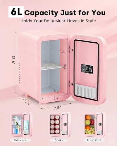 Enventor Mini Fridge with Dimmable LED Mirror, 6L/ 8 Can, AC/DC Power, Pink - Image 6