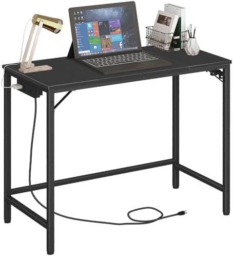HOOBRO Computer Desk, 31.5 Inch Small Desk with Power Outlet, Writing Table with USB Charging Ports and 3 Hooks for Home Office, Study Room, Bedroom, Easy to Assemble, Black BB40UDN01 by HOOBRO