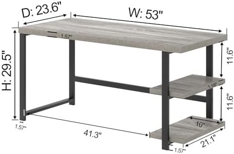 FOLUBAN Computer Desk, Modern Home Office Desk with Shelves, Wood Writing Study Gaming Table for Living Room Bedroom, Light Grey, 53 inch - Image 2