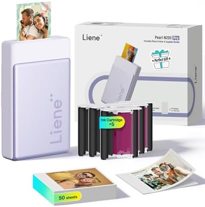 Liene Pearl N200 Pro Portable Photo Printer, Instant Mini Picture Printer for iPhone Smartphone, Thermal Dye Sublimation, Bluetooth Sticker Printer 50 Sheets 2x3 Adhesive Paper & 5 Cartridges, Purple by Liene