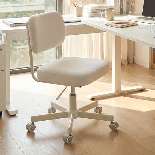 Vanity Chair with Wheels, Cute Armless Desk Chair with Back, Height Adjustable Swivel Small Office Chair, Comfy Fabric Computer Task Chair for Bedroom, Study, Dressing Room White by VATROS