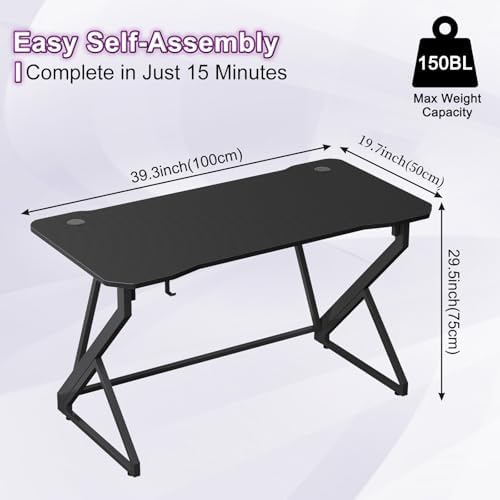 Grandder Gaming Desk Z Shaped 40 Inch Gamer Workstation, Home Computer Carbon Fiber Surface Gaming Desk PC Table with Headphone Hook, Carbon Fiber Black - Image 3