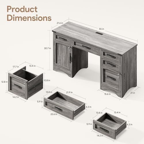 Decofy Farmhouse Executive Desk with Drawers, 55" Home Office Desks with Fast Charging Station, Lockable File Cabinet, Wood Writing Computer Desk for Work, Study, Grey - Image 2