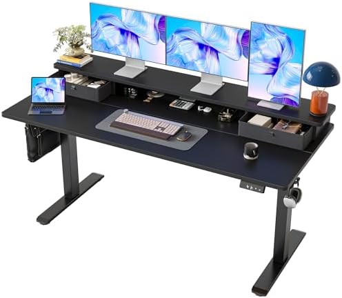 TIQLAB Standing Desk with Two Drawers, Stand Up Standing Desk Adjustable Height, Electric Sit Stand Table with Storage Shelf and Splice Board, 63 * 24 inch, Black by TIQLAB