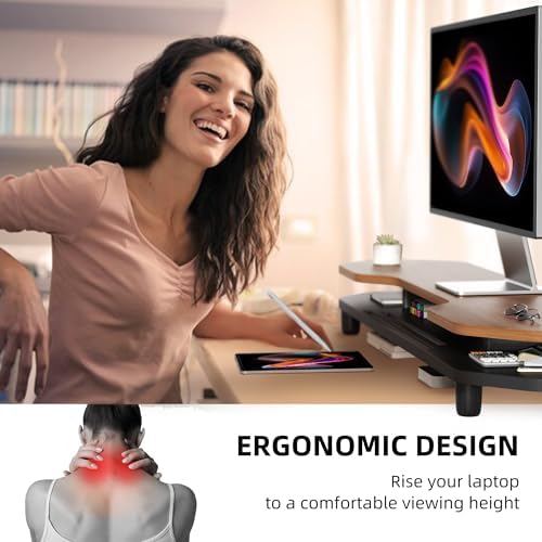 Dual Monitor Stand Riser, 39.4 Inch Large Monitor Stand with Storage Shelf, 2-Tier Desk Organizer for PC, Laptop, Printer | 2 Slots for Phone/Tablet, Computer Monitor Riser, Wood Desk Shelf for TV - Image 6