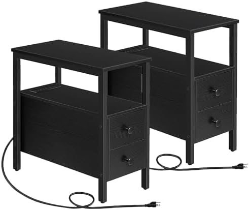 HOOBRO Set of 2 End Tables with Charging Station, Narrow Side Table with Drawers & USB Port & Power Outlets, Nightstand for Small Spaces, Living Room, Stable and Sturdy, Black BK541BZP201 by HOOBRO
