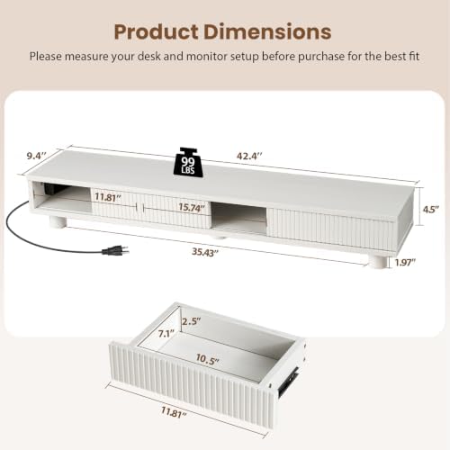 Artswish 42" White Dual Monitor Stand with Power Outlet & Storage Drawer - Image 2