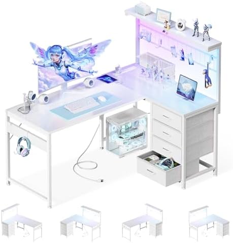 MOTPK 43" L Shaped Gaming Desk with Shelf & 4 Drawers, White by MOTPK