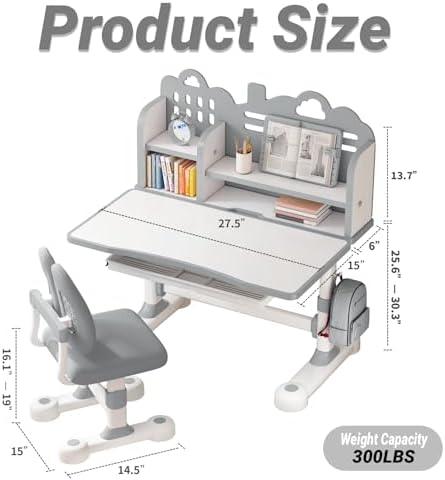 Kids Desk and Chair Set for Ages 3-12 - Tilting Study Desk (Grey) - Image 2