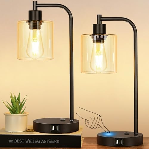 Set of 2 Industrial Touch Control Table Lamps with 2 USB Ports and AC Outlet - 3-Way Dimmable Black Bedside Lamp Nightstand Desk Lamps for Bedroom Living Room, Amber Glass Shade & 2 LED Bulbs Included by Nintiue