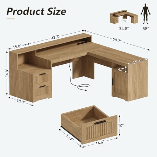 63" Fluted L Shaped Desk with Drawers & Printer Shelf for Home Office - Image 2
