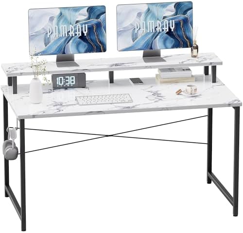 Pamray 47 Inch Small Computer Desk with Monitor Stand, Simple Office Desk with Headphone Hook for Small Spaces, Kids Study Writing Table for Bedroom, Marble by PAMRAY