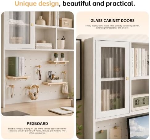LINLIUA Desktop Bookshelf, Desk Hutch Dorm with Pegboard, Desk Shelves for Top of Desk, Wood Desktop Storage Rack with Cabinet Door, Countertop Bookcase for Office Dorm Home Study - Image 3