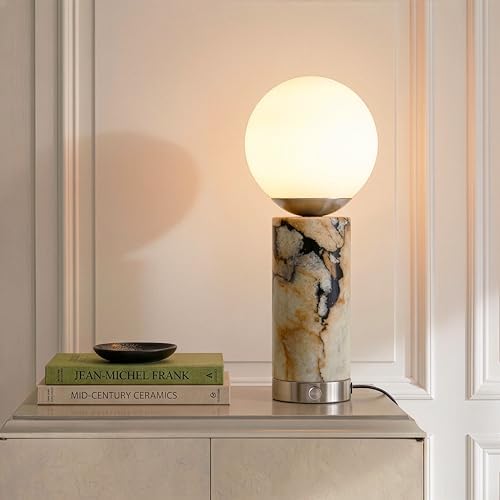 Brightech Aspen LED Table Lamp - USB Port Bedside Reading & Desk Lamp with Ambient Lighting - Marble Finish Globe Shade - Nickel - Image 2