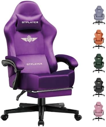 GTPLAYER Gaming Chair Fabric with Pocket Spring Cushion, High Back Ergonomic Computer Chair with Footrest for Adults Lumbar Support Swivel Game Chair for Office Gaming 350LBS, Dark Purple by GTPLAYER