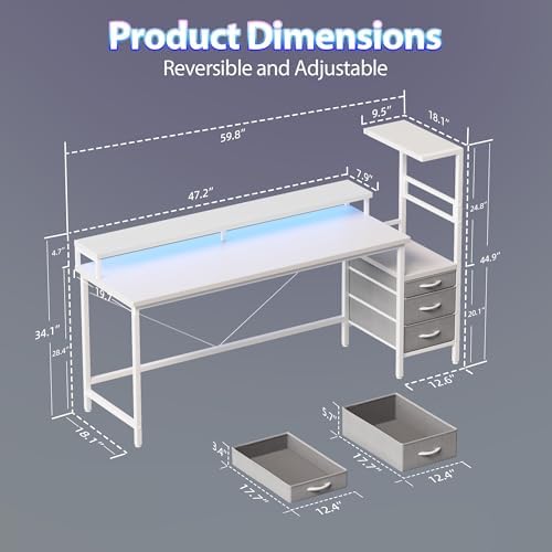 Mericonia 60 inch Gaming Desk with Drawers, Reversible Computer Desk, White - Image 2