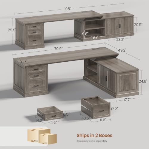 SEDETA Farmhouse L Shaped Desk with Drawers, 70.9" Home Office Desk with Storage Cabinet and Storage Shelves, L Shaped Computer Desk with Power Outlet，Gray - Image 2