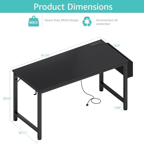 Lufeiya Gaming Desk with Power Outlet, 47 inch Teen Study Table Home Office Work Writing Computer Desks with Charging Station Outlets Built in, Black - Image 3