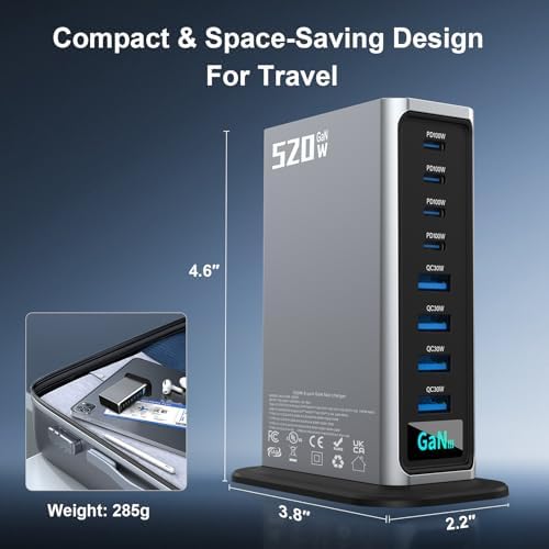 520W USB C Fast Charger Block, PD 3.1 100W 8 Port USB Charging Station, GaN Ⅲ Fast Charging Station for Multiple Devices, Laptop Wall Charger Compatible with iPhone 17/iPad/MacBook etc - Image 5