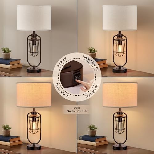 24" Rustic Farmhouse Table Lamps Set of 2 for Living Room, USB A+C - Image 2