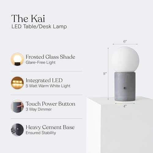Brightech Kai LED Table Lamp - 11" Small Lamp with Unique Cement Base, Modern Desk Lamp, Nightstand Lamp with Ambient Lighting for Bedrooms, Living Room, Den - Modern Globe Lamp Shade - Image 3