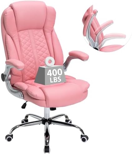 400lbs Executive Office Chair with Flip-Up Armrests, Big and Tall Computer Chair for Heavy People, Heavy Duty Ergonomic Comfy Chair, Breathable PU Leather (Pink) by BUYNOW