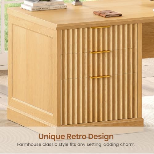 SEDETA Fluted 78.8" L Shaped Executive Desk with 6 Drawers, Oak - Image 7