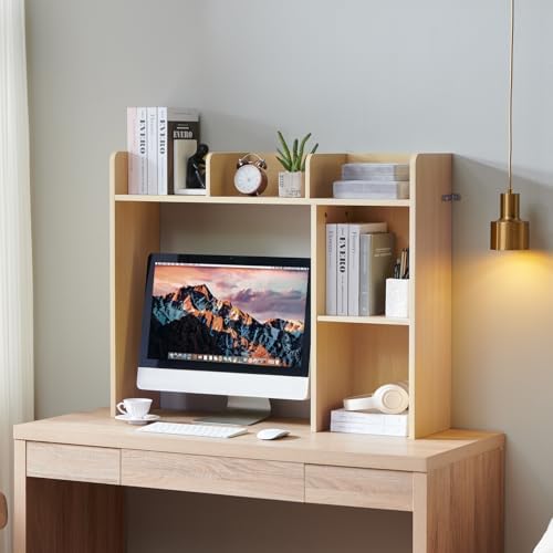 Nromant Desktop Bookshelf, Wooden Desk Storage Hutch with 4 Shelves, 3-Tier Desktop Display Organizer Rack for Office Home (Natural, 5 Shelves A) - Image 2