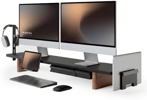 Fenge Modular Dual Monitor Stand Riser with Solid Ash Wood Leg, 42.5" Black by Fenge