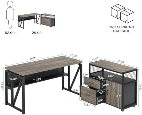 Tribesigns Grey Executive Desk with Cabinet, 55" L Shaped Computer Desk and lateral File Cabinet with Locks, 2 Piece Home Office Furniture Set for Hanging - Image 2