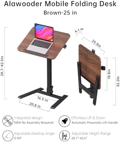 alawooder 25" Mobile Folding Desk: Pneumatic Sit-Stand, No Assembly - Image 3