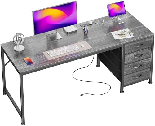 PRAISUN 55.1 Inch Computer Office Desk with Power Outelts and USB-C Port, Reversible Gaming Desk with 4 Fabric Drawers, Work Study Desk Work from Home, Grey by PRAISUN