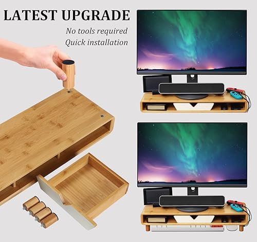 Homerays Monitor Stand with Drawer, Exquisite Computer Monitor Stand for Desk, Ergonomic Wood Monitor Stand Riser for Computer,Laptop,Printer,TV,Bamboo,White - Image 4
