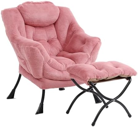 Furlide Lazy Chair with Ottoman, Comfy Plush Reading Chair for Bedroom，Pink by Furlide