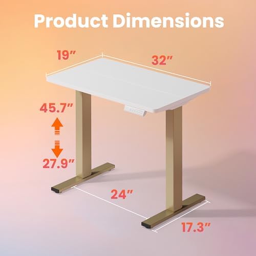 HUANUO 32x19 Inch Small Electric Desk, Adjustable, White & Gold Frame - Image 3