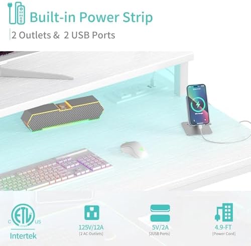 Lufeiya Small White Desk with LED Lights and Power Outlets, 32 Inch Home Office Computer Desks with Monitor Stand, Teen Writing Study Table Gaming Desk with Charging Station, White - Image 5