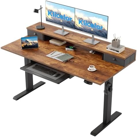 Klicelor 55 x 24 Inch Electric Standing Desk with Drawers and Keyboardtray, Adjustable Height Small Sit Stand Desk for Home Office, Compact Computer Workstation with Storage- Rustic Brown by Klicelor