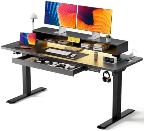 GTPLAYER Electric Standing Desk with Drawers, 55 x 24 Inch Height Adjustable Gaming Desk with Monitor Stand, Power Outlets & LED Lights, Home Office Sit Stand Up Desk with Memory Preset (Black) by GTPLAYER
