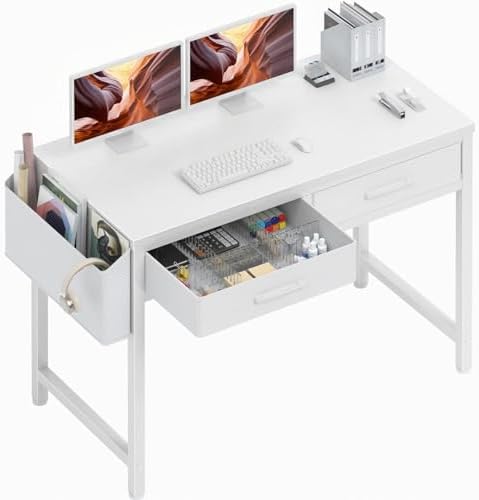 DLisiting White Desk with Storage Drawers - 39 Inch Small Computer Desk with Drawers for Bedroom Home Office, Study Writing Vanity Table Without Mirror for Girls Small Spaces by Unknown