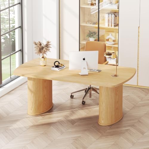 NSdirect Large Office Desk, 63" Oval Computer Desk for Home Office, Multi Purpose Executive Work Table, Farmhouse Writing Desk for Living Room (Natural) by NSdirect